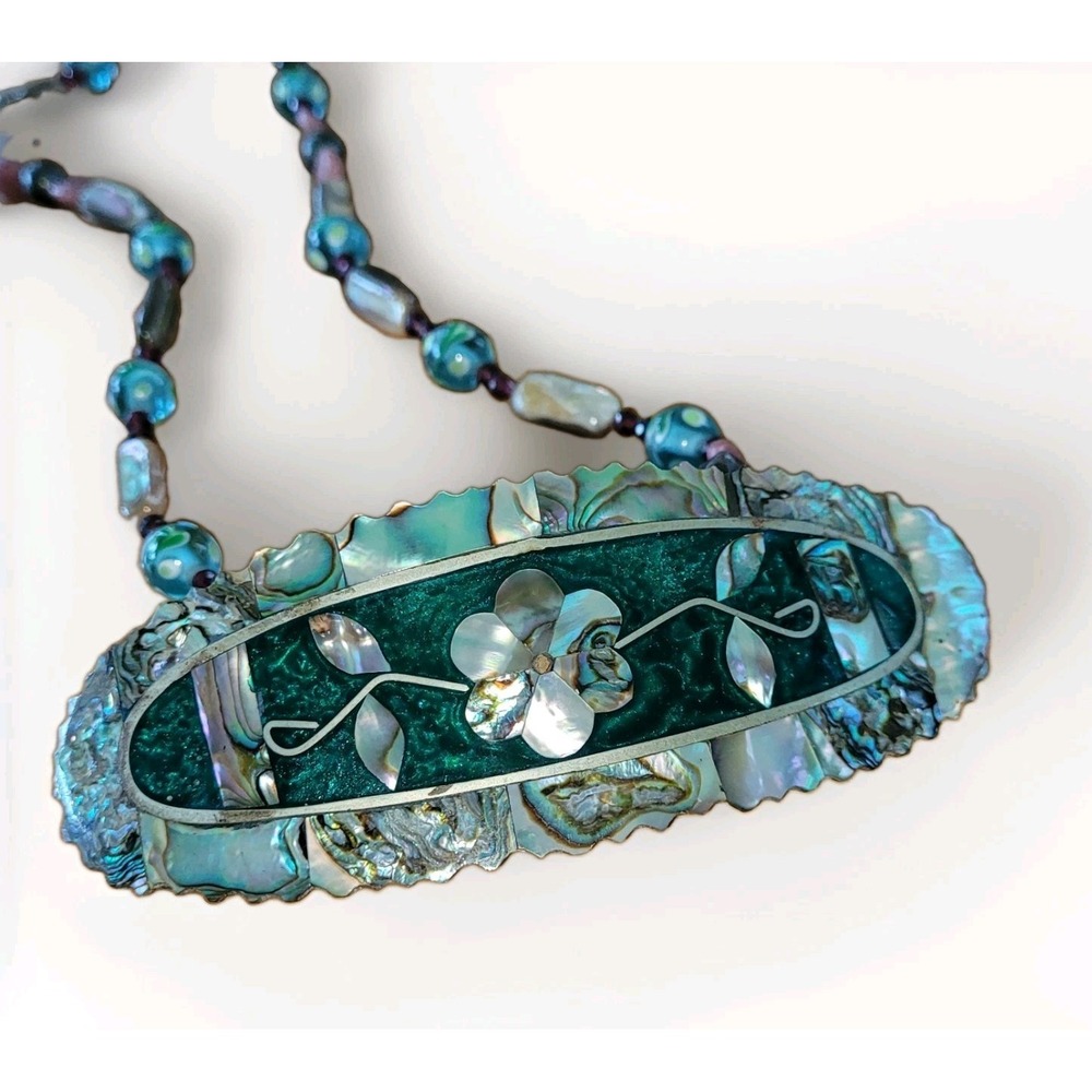 Vintage ALPACA MEXICO Abalone MOP Floral Pendant Necklace 26 Inch 88g Handmade